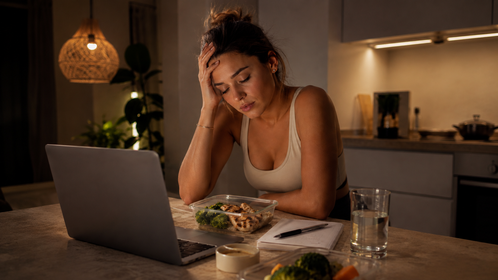 Woman feeling exhausted and overwhelmed while trying to eat healthy
