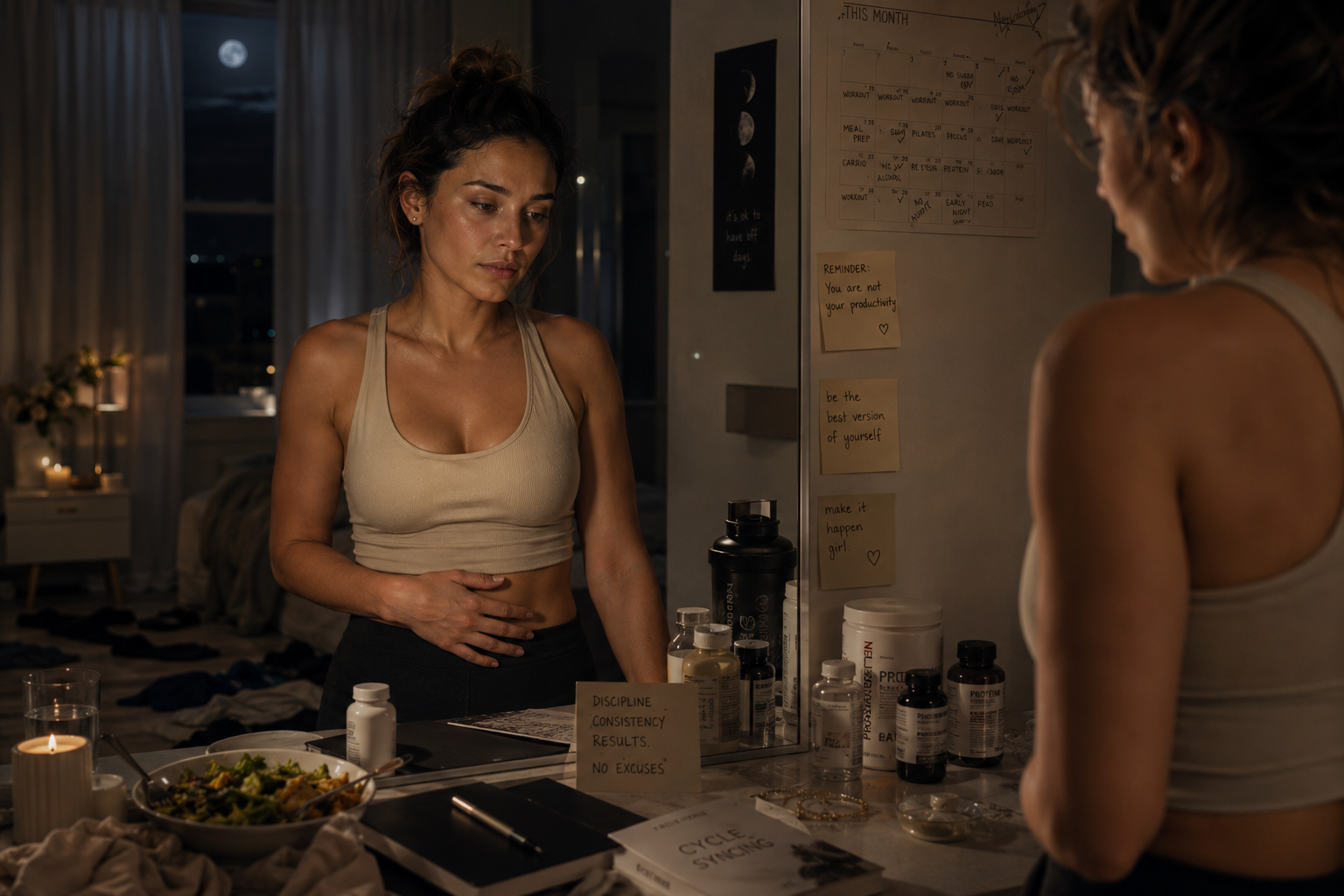 Woman looking at herself in the mirror surrounded by notes and reminders