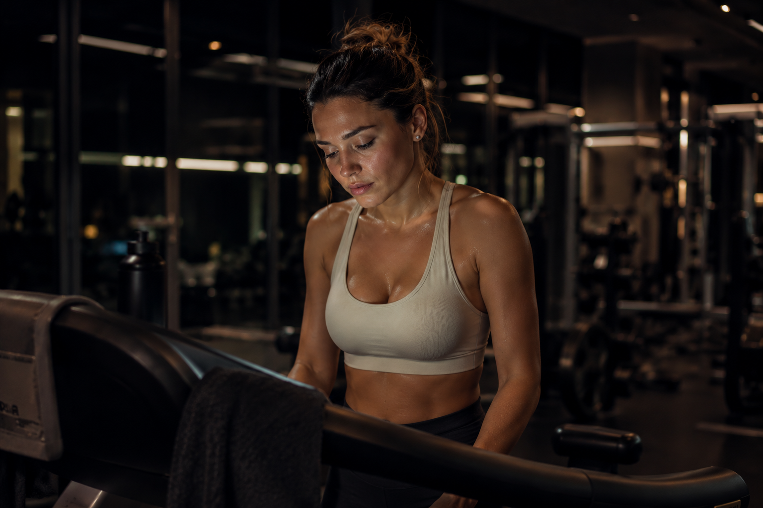 Woman pushing through a tough workout on the treadmill